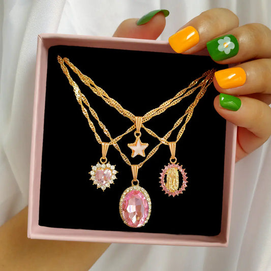 Multi-layer Pink Heart Crystal Pendant Necklaces