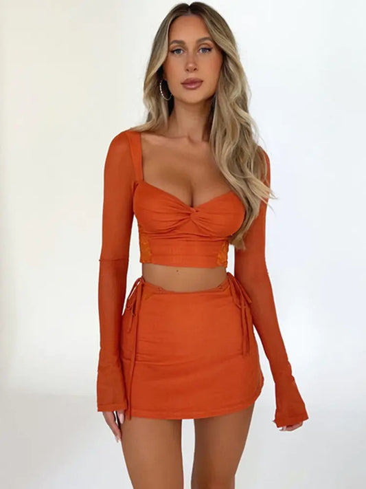 Long Sleeve Crop Tops and Side Tie-Up Mini Skirts Set