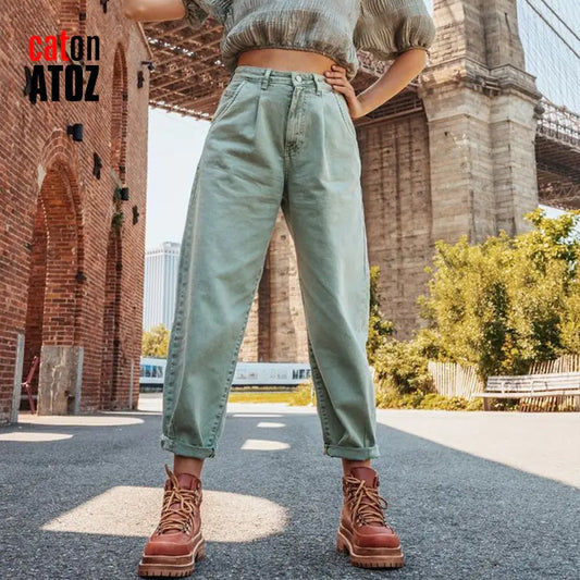 Green Pleated High-Waist Cargo Jeans