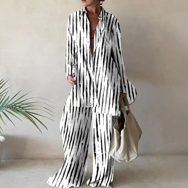 Loose Stripe Pants Set Elegant Long Sleeve Top