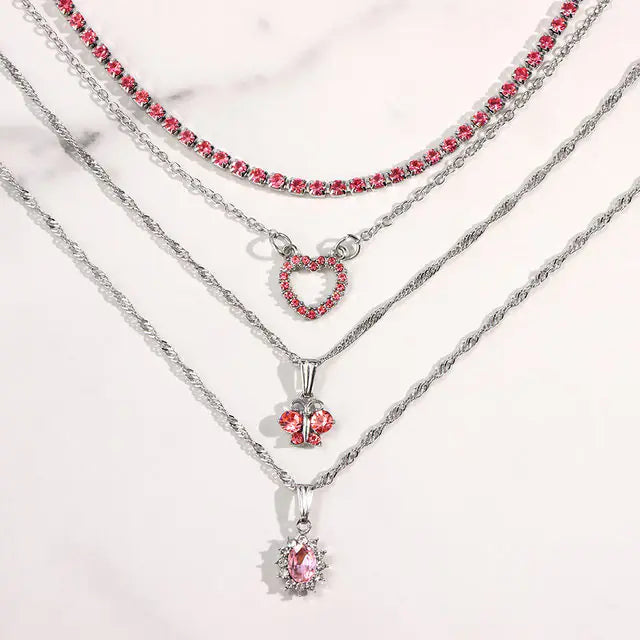 Multi-layer Pink Heart Crystal Pendant Necklaces