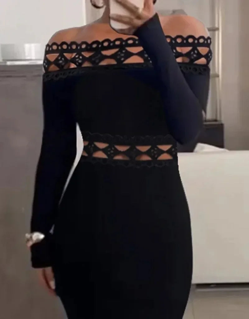 Black Lace Off-Shoulder Long Sleeve Midi Dress