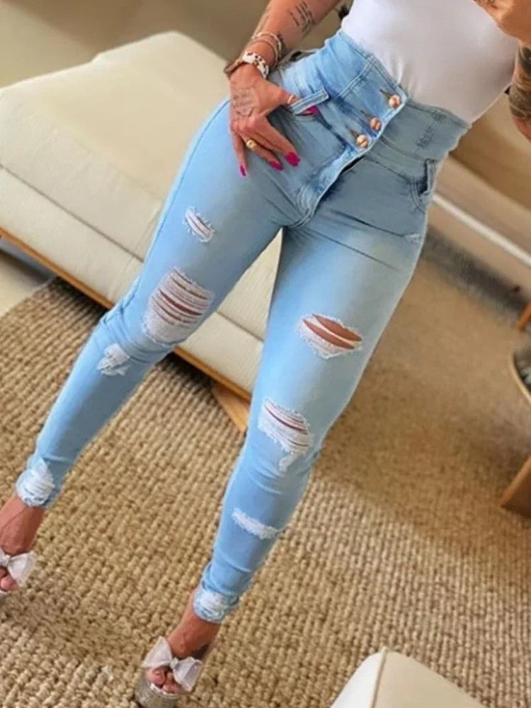 Women's High Waist Buttoned Cutout Ripped Skinny Jeans