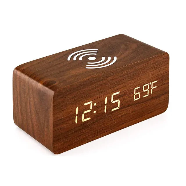 Wooden Digital Alarm Clock with Wireless Charging