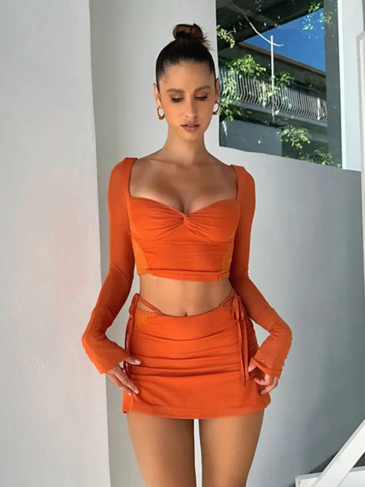 Long Sleeve Crop Tops and Side Tie-Up Mini Skirts Set