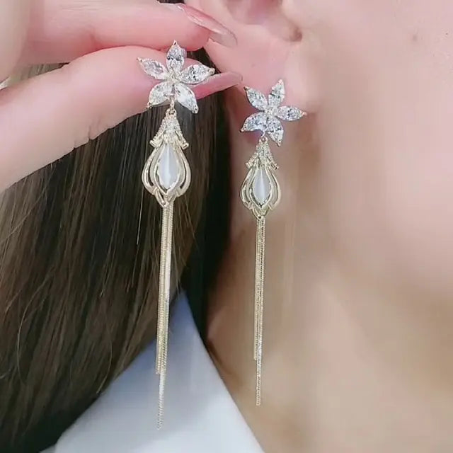 Opal Flower Tassel Earrings Set