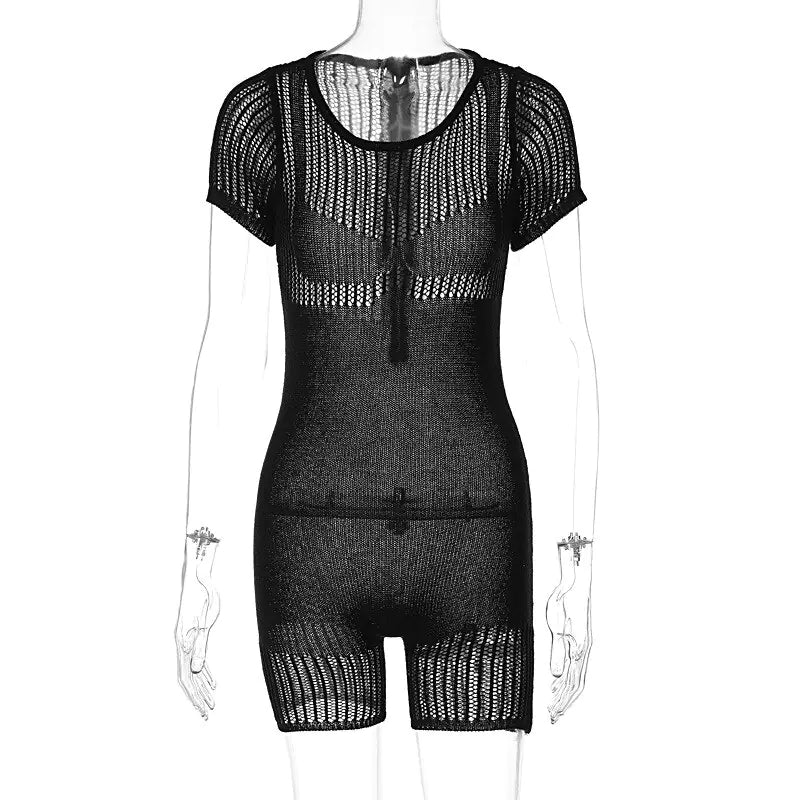 Knitted Hollow Out O-Neck Short Sleeve Skinny Shorts Jumpsuits