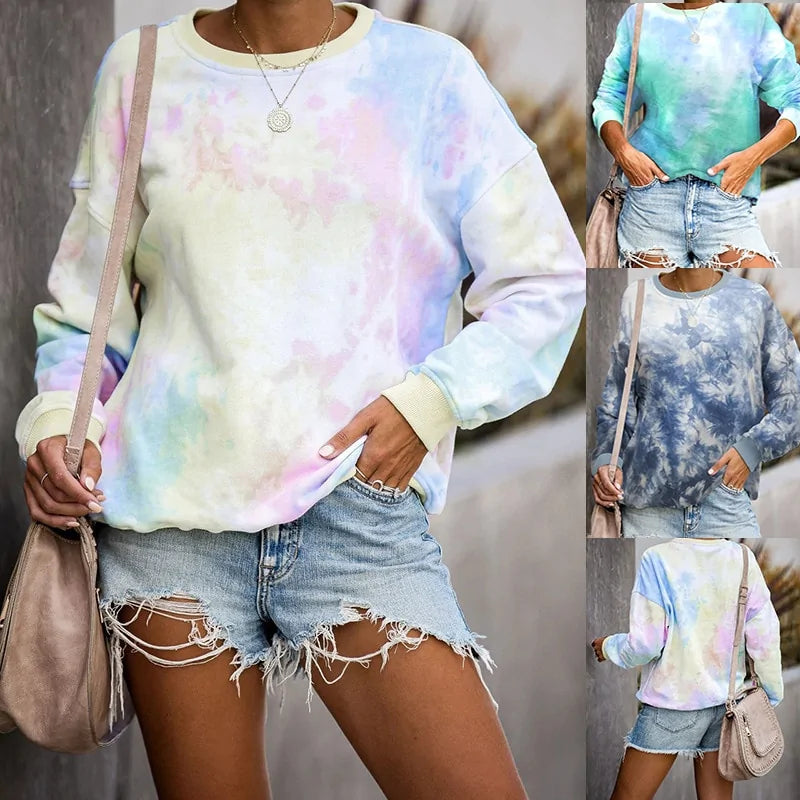 Autumn Tie Dye Printed Hoodie Pullover Tops for Women