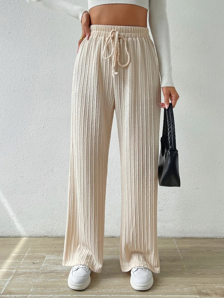 New Tie Waist Texture Knitted Wide Leg Pants