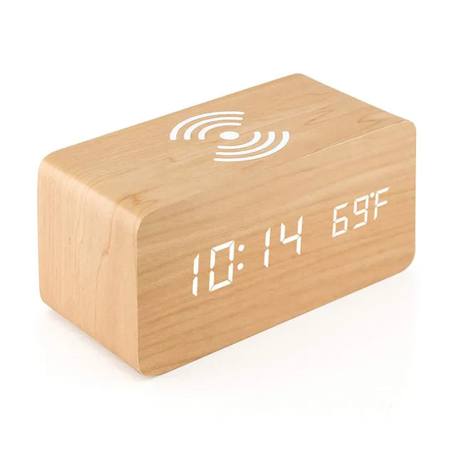 Wooden Digital Alarm Clock with Wireless Charging