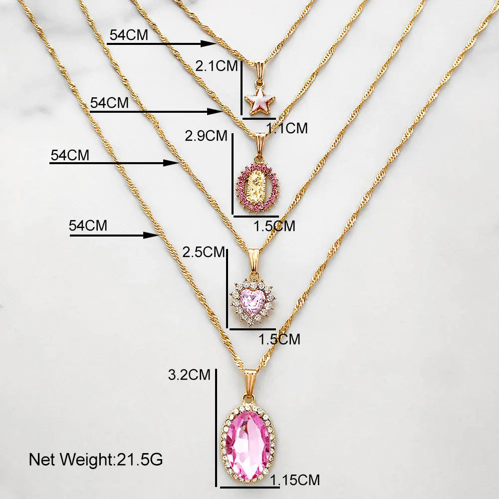 Multi-layer Pink Heart Crystal Pendant Necklaces