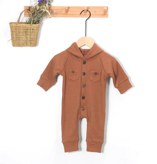 Baby's Waffle Pattern Long Sleeve Hooded Romper