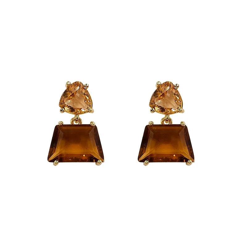 Geometric Tawny Crystal Square Gold Earrings