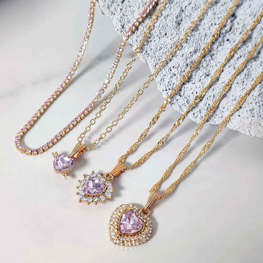 Multi-layer Pink Heart Crystal Pendant Necklaces