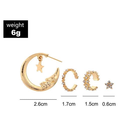 Bohemian Moon Star Crystal Stud Earrings Set