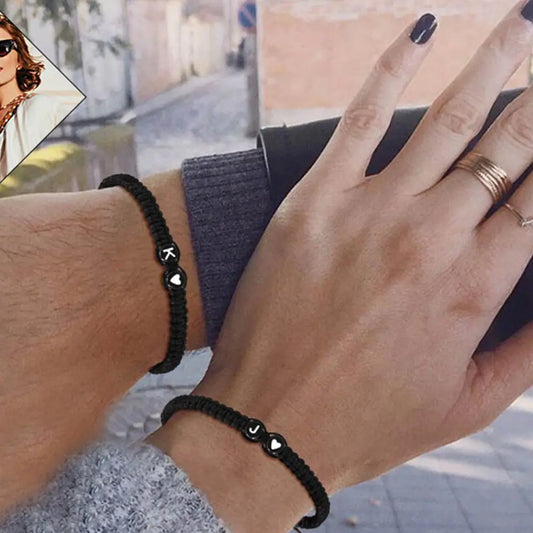 Initials Couple Bracelets: Hand-Woven Black