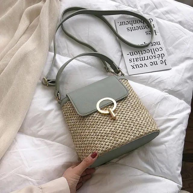 Small Straw Bucket Crossbody Bag