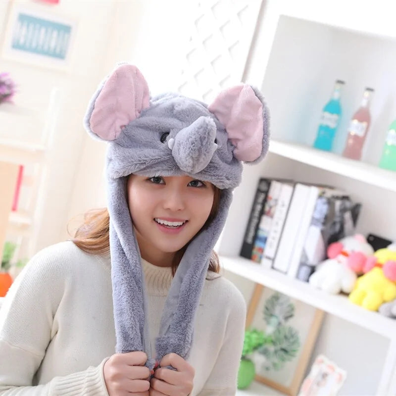 Plush Animal Cartoon Hat with Moving Rabbit Ears: Funny Gift for Kids