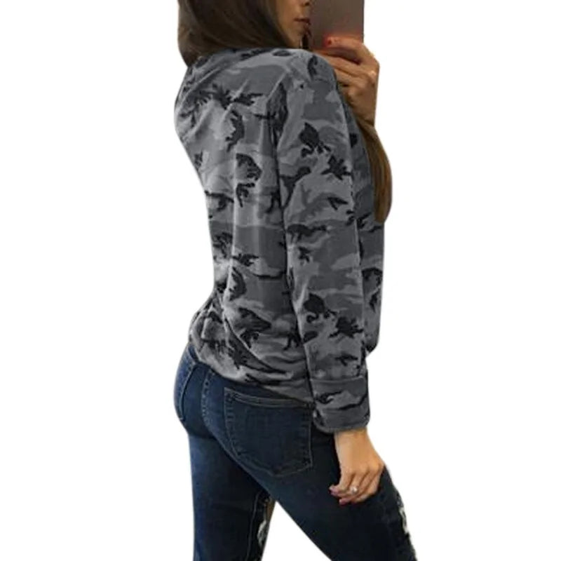 Women's Camouflage V-Neck Hooded Sweatshirt with Long Sleeves