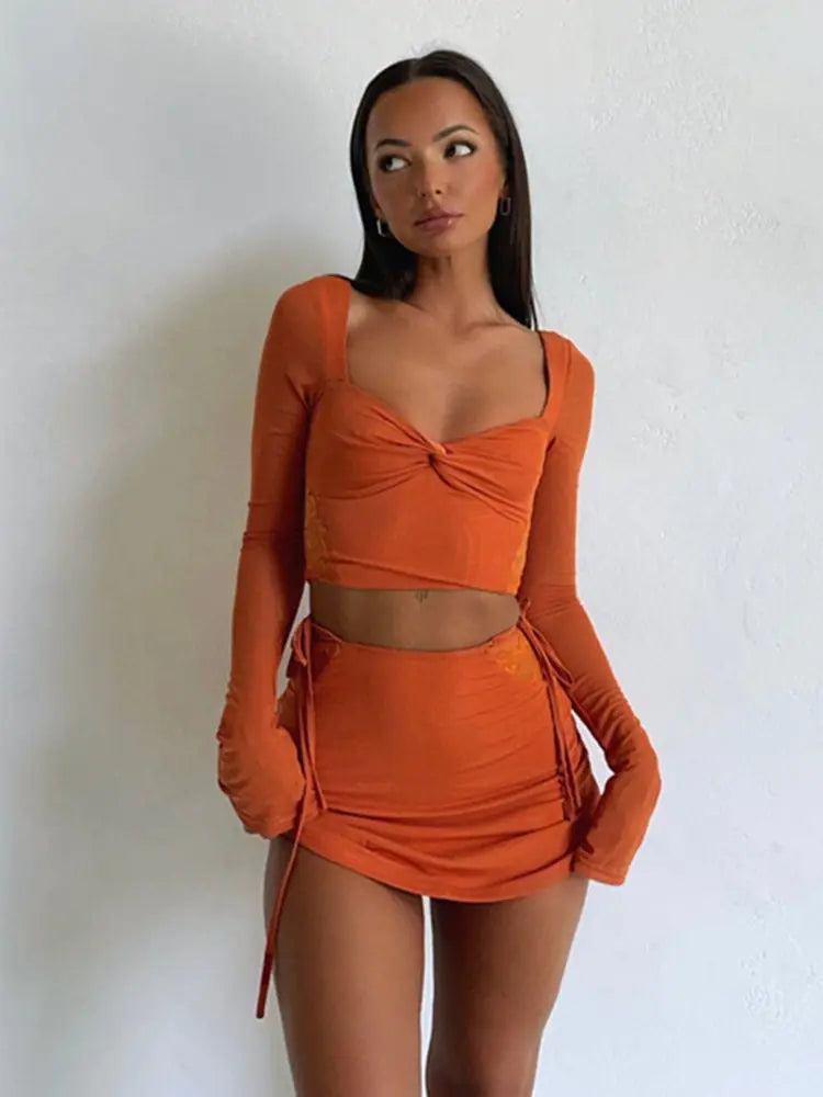 Long Sleeve Crop Tops and Side Tie-Up Mini Skirts Set