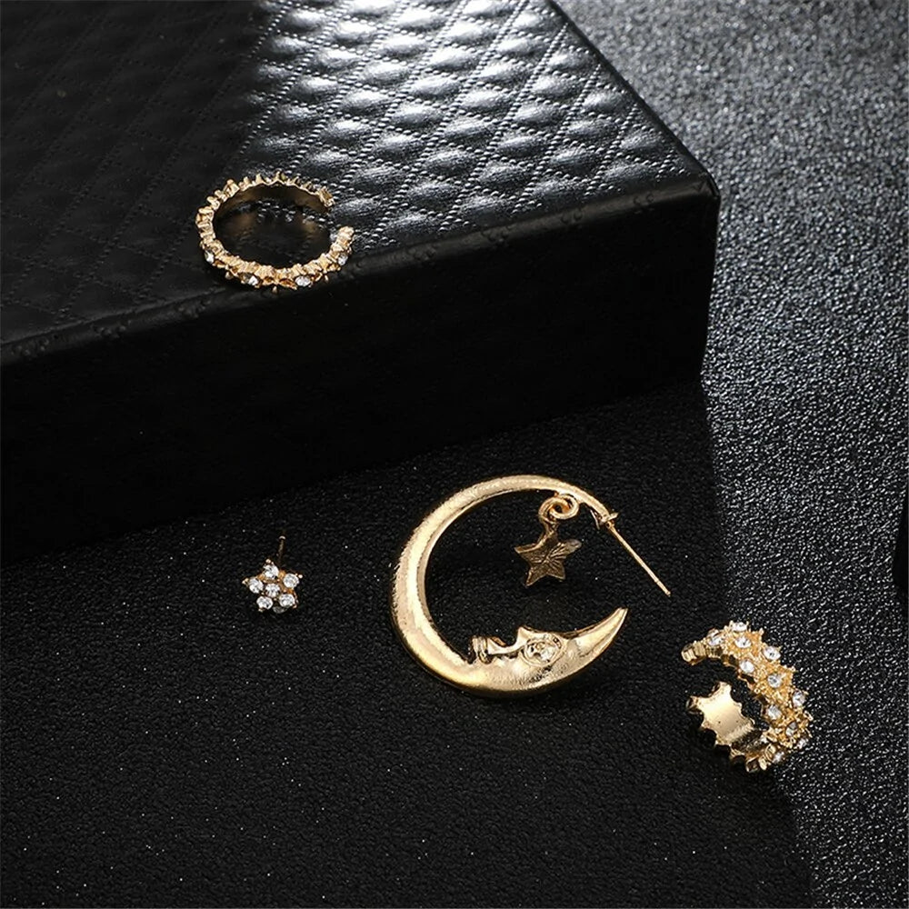 Bohemian Moon Star Crystal Stud Earrings Set