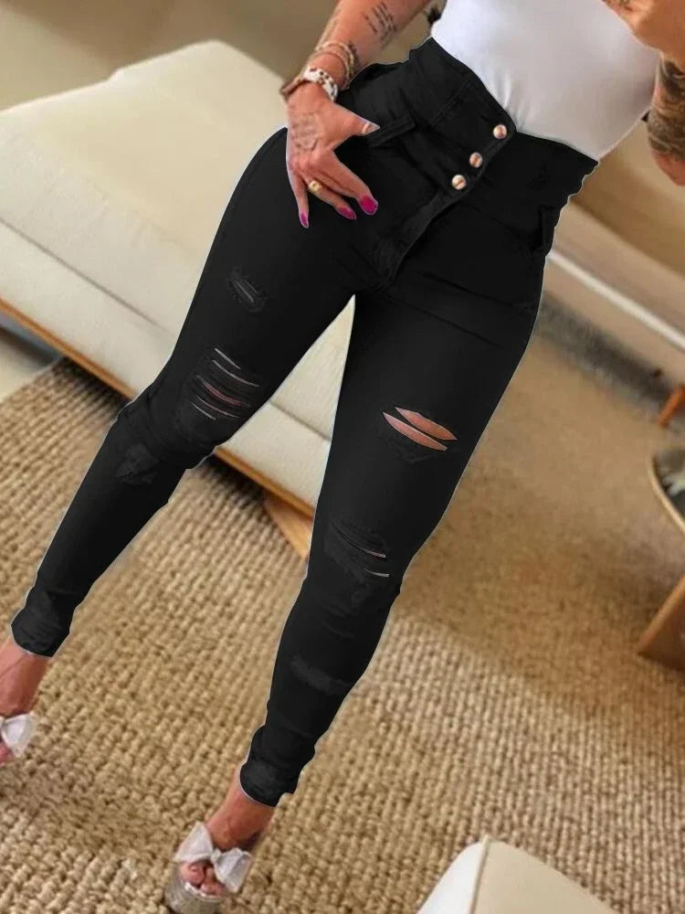 Women's High Waist Buttoned Cutout Ripped Skinny Jeans