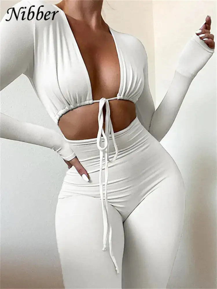 Nibber V-Neck Long Sleeve Bodycon Jumpsuit