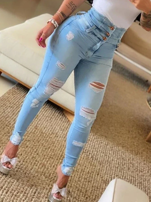 Women's High Waist Buttoned Cutout Ripped Skinny Jeans