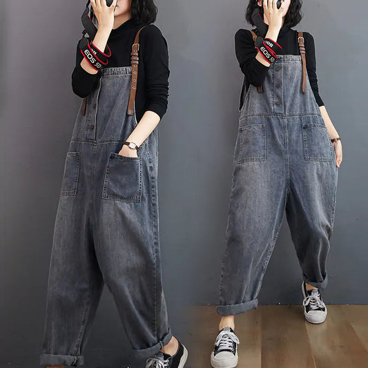 Spring Fashion Button Jeans Harem Jumpsuit