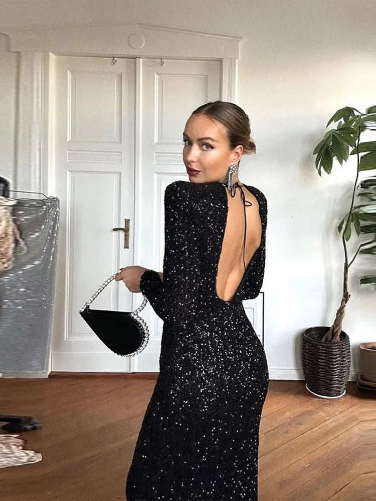 Black Sequins Bow Backless Long Sleeve Dress