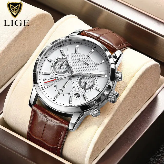 New Mens Watches LIGE Top Brand Luxury Leather Casual Quartz