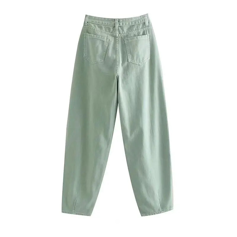 Green Pleated High-Waist Cargo Jeans