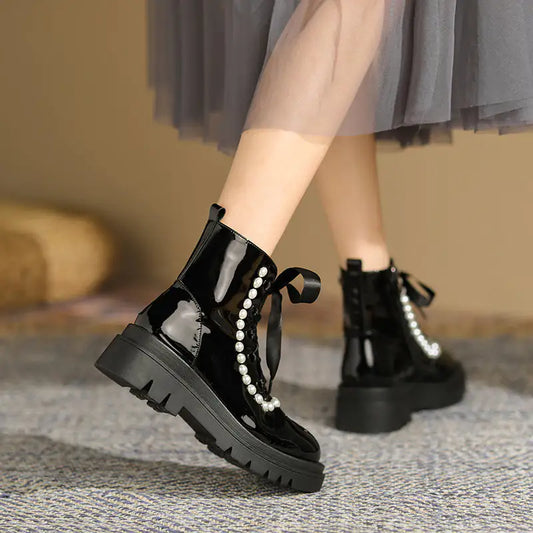 Women's Pearl Ribbon Patent Leather Ankle Boots