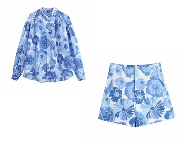 Blue Floral Print Shorts and Blouse