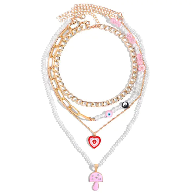 Multi-layer Pink Heart Crystal Pendant Necklaces