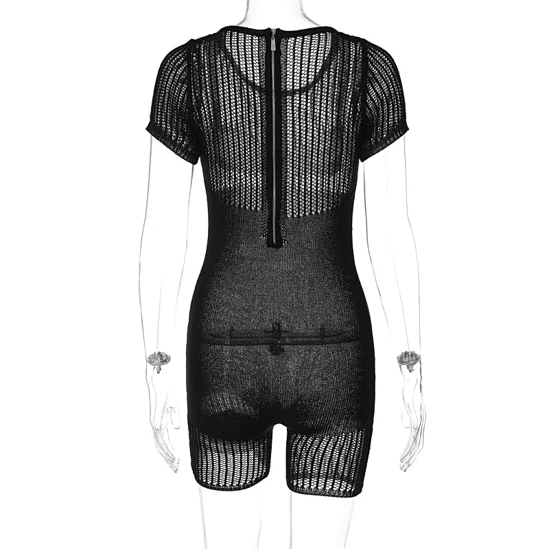 Knitted Hollow Out O-Neck Short Sleeve Skinny Shorts Jumpsuits