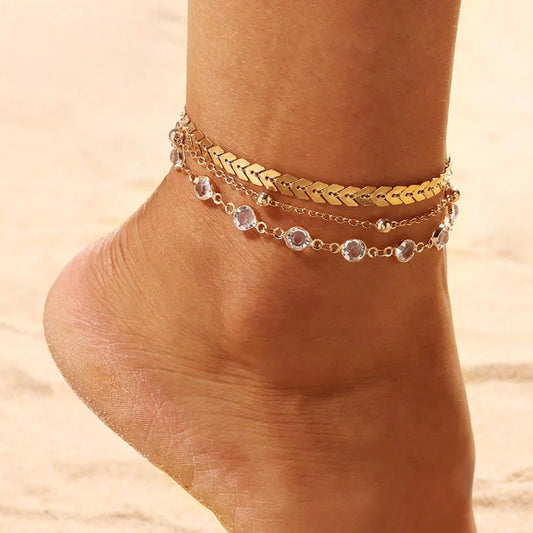 Women's Gold Color Crystal Star Anklets Set