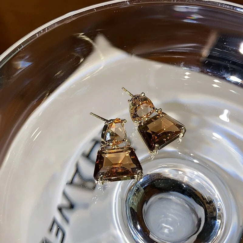 Geometric Tawny Crystal Square Gold Earrings