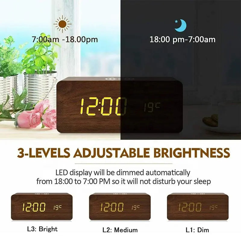 Wooden Digital Alarm Clock with Wireless Charging