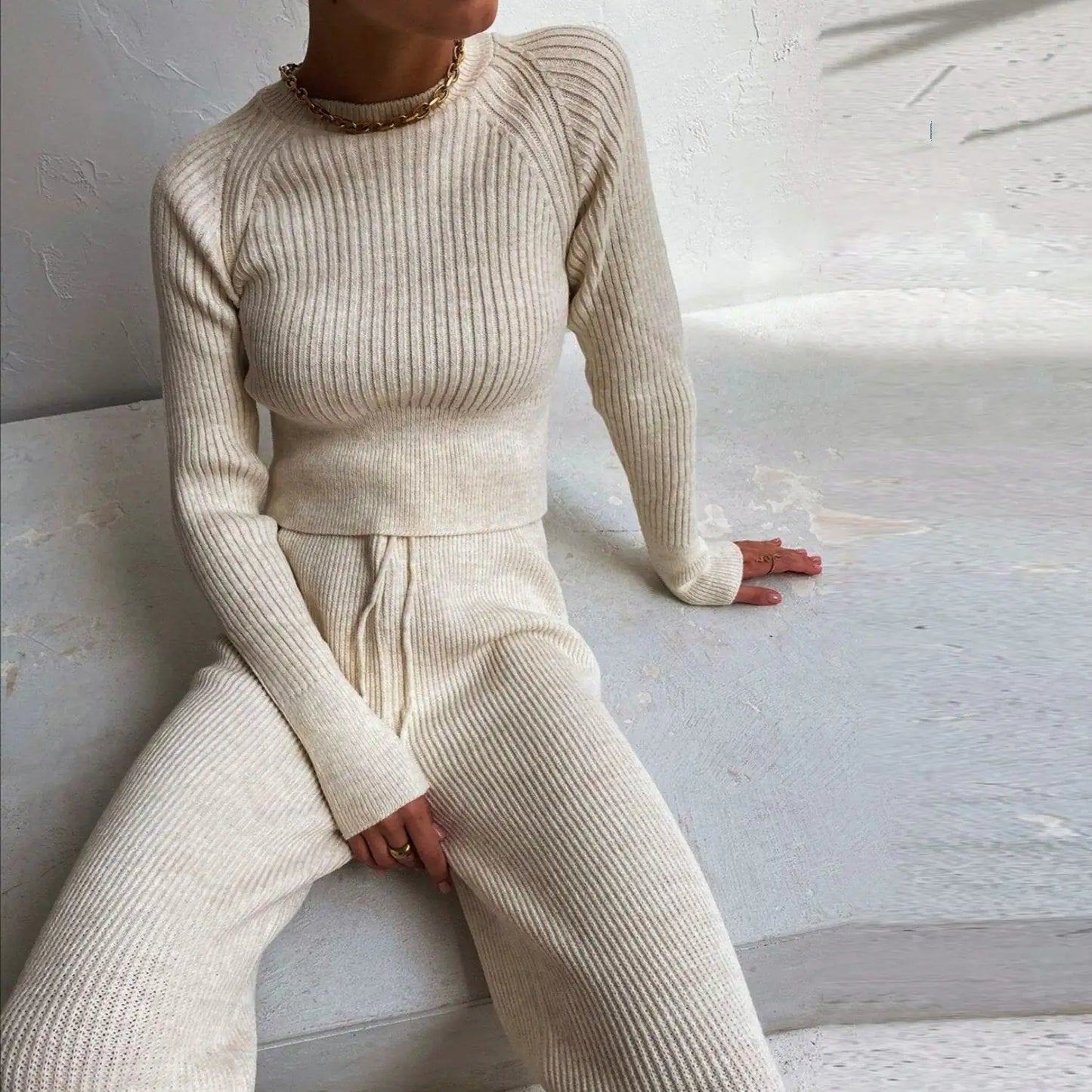 Knitted Wide Leg Pants and Top Set