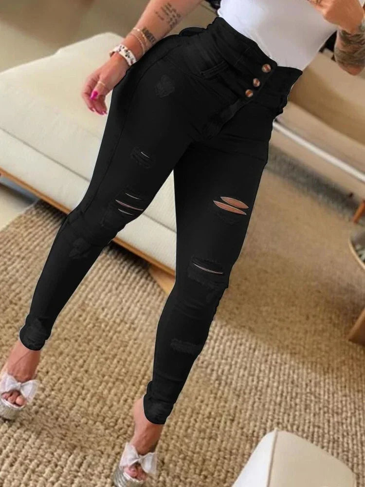 Women's High Waist Buttoned Cutout Ripped Skinny Jeans