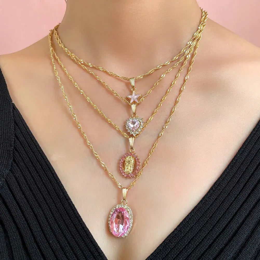 Multi-layer Pink Heart Crystal Pendant Necklaces