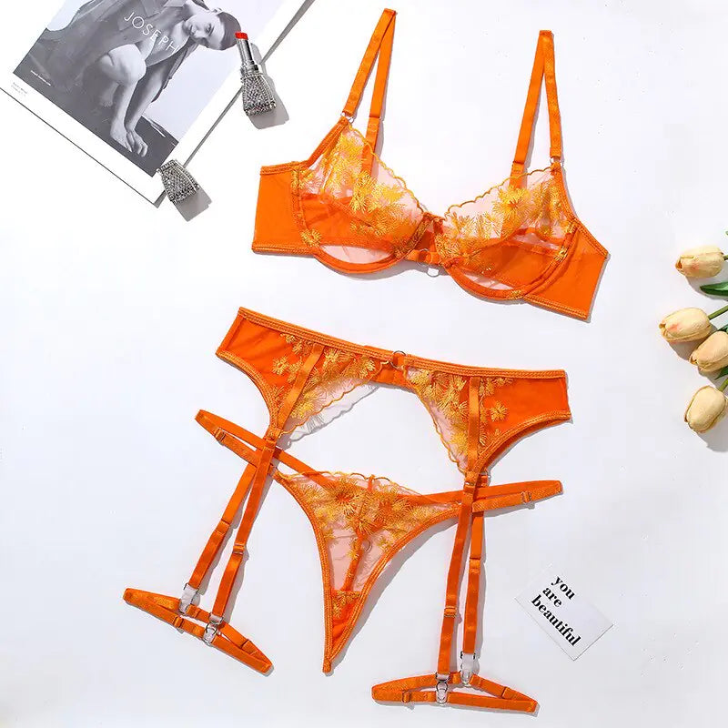 Ellolace Orange Lace Embroidery Lingerie Set - Sexy Transparent 3-Piece Mesh Bra and Shortst