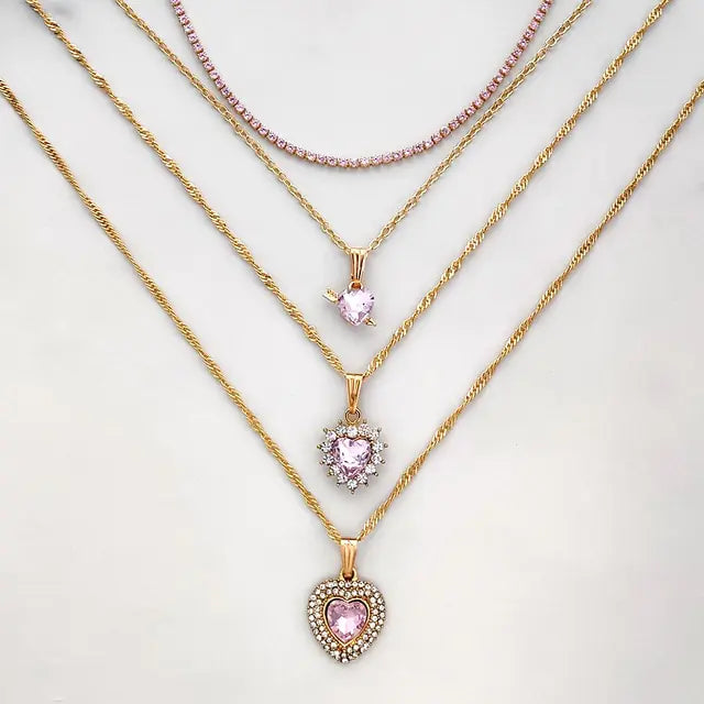 Multi-layer Pink Heart Crystal Pendant Necklaces