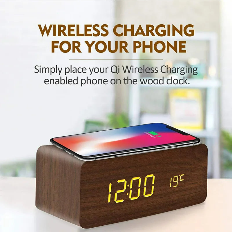 Wooden Digital Alarm Clock with Wireless Charging