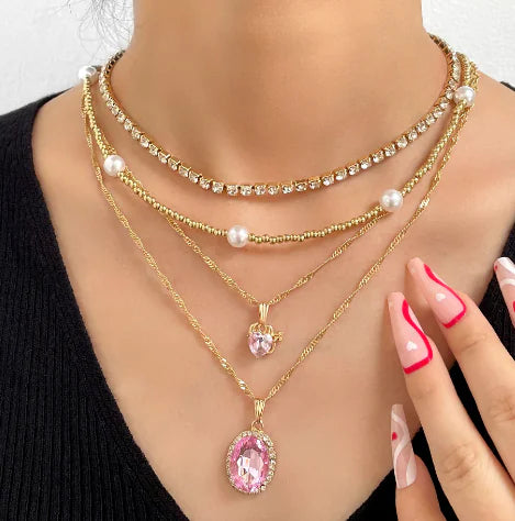 Multi-layer Pink Heart Crystal Pendant Necklaces